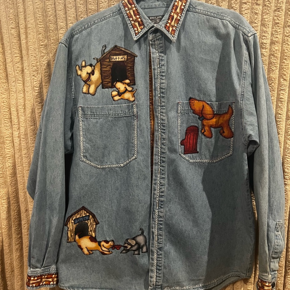 Bugle Boy Denim Shirt with Bone Embroidery and Puppies